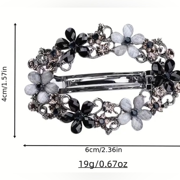 HAIR Barrette Elegant Vintage Rhinestone Flower Open Barrette Black and Blue - Picture 5 of 5